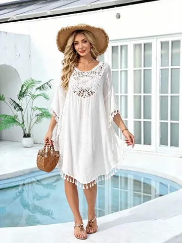 Women's Crochet Patchwork Tassel Beach Cover-up Summer Resort Style Polyester Hollow Out Swimwear Dress For Pool Party Vacation