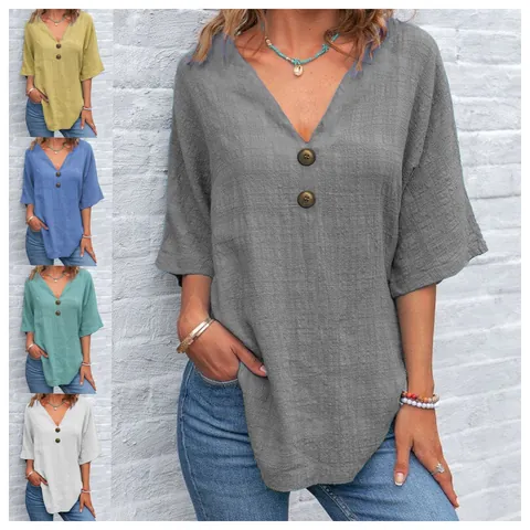 Damen Casual Baumwolle Leinen V-Ausschnitt Kurzarm Bluse Lockeres Knopf Top Pullover Gewebtes Hemd Für Alltag Sommer Komfort