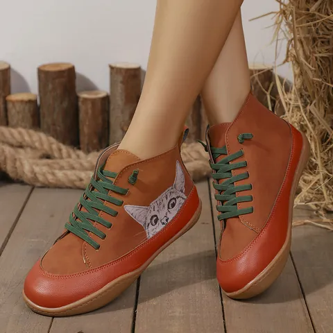 Women's High Top Casual Sneakers Cute Cartoon Cat Print Flat Shoes Round Toe Lace Up Color Block Large Size Walking Shoes