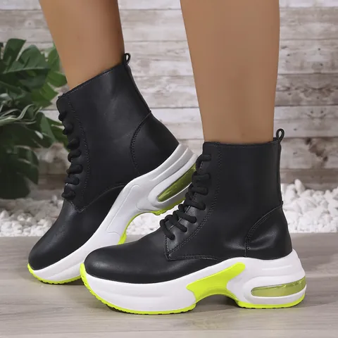 Women Plus Size High Top Sports Boots PU Leather Autumn Winter Platform Sneakers Breathable Contrast Color Non Slip Walking Boots
