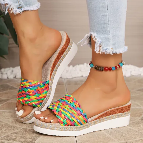 Women's Summer Wedge Platform Sandals Colorful Braided Straw Rope Open Toe Slippers Fashion Lightweight Beach Slides