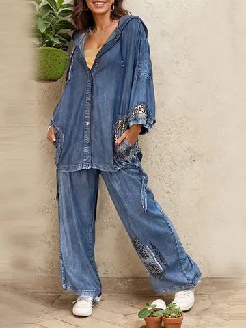 Women Casual Polyester Hooded Top And Bottom Set Leopard Patchwork Denim Look Long Pants Outfits Loose Fashion Commuter Suit