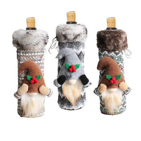Funda para Botella de Vino Gnomo de Navidad Tomte Nórdico en Punto Decoración para Mesa de Fiesta de Navidad