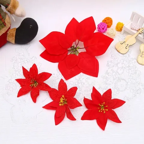 Artificial Red Poinsettia Christmas Flower Flocked Fabric Festive Decoration For Tree Party Home DIY Holiday Floral Ornament