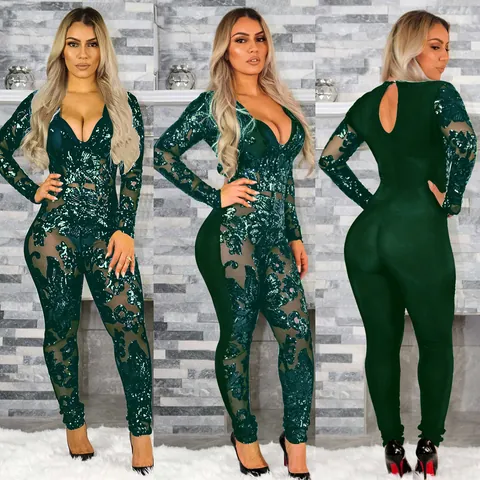 Women Sexy Slim Fit Sequin Sheer Deep V-Neck Long Sleeve Jumpsuit Nightclub Party Bodysuit
