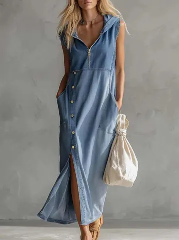 Women Retro Hooded Denim Midi Dress V-Neck Zipper Side Buttons Slit Sleeveless Casual Polyester Solid Color Vest Dress