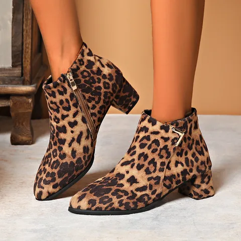Women Fashion Leopard Snakeskin Print Ankle Boots Pointed Toe Block Mid Heel Side Zipper Suede Booties Dress Shoes For Lady