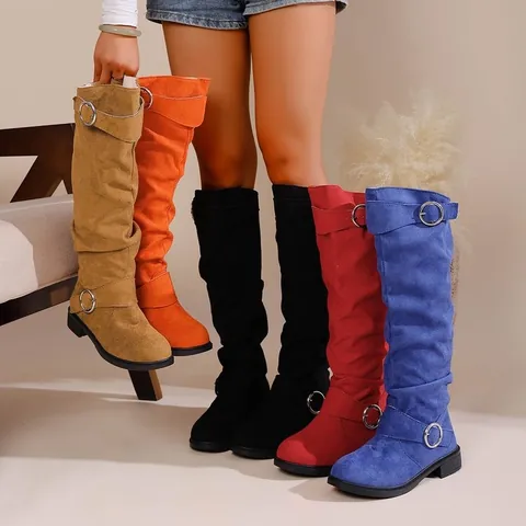 Dames Western Slouchy Cowboylaarzen Suède Look Gesp Ridderlaarzen Lage Hak Lange Laarzen Casual Winterschoenen Mode