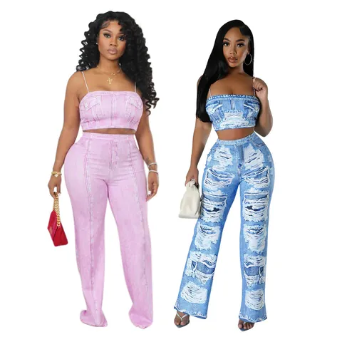 Ensemble Haut et Pantalon en Polyester Imprimé Denim Coupe Ajustée Débardeur Court Pantalon Évasé Taille Haute Tenue Décontractée Femme