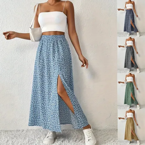 Gonna a Trapezio a Vita Alta con Spacco a Fiori da Donna in Poliestere Lunghezza Media Casual Elegante Abbigliamento Moda Donna