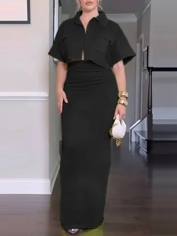 Women Elegant Solid Color Top And Bottom Commute Summer Short Sleeve Cropped Jacket And High Waist Maxi Skirt Set