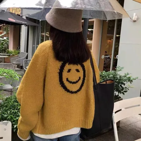 Cárdigan de Punto con Cuello Redondo y Bordado de Cara Sonriente para Mujer Estilo Coreano Suelto Casual Chaqueta Top