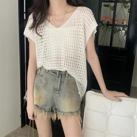 Top de Punto con Cuello en V Calado Estilo Lazy para Mujer Verano Manga Corta Blusa Protectora Solar Desgastada Informal