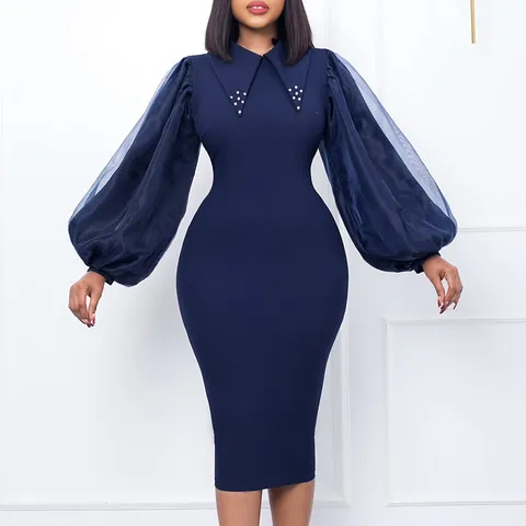 Women Mesh Splicing Puff Sleeve Bodycon Midi Dress Beaded Collar Elegant Commuter Pencil Dress Solid Color Polyester Party Robe