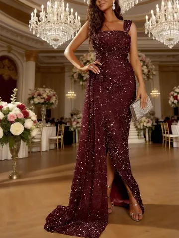 Vestido de Noche Largo Sexy de Lentejuelas a un Hombro para Mujer Elegante Espalda Descubierta con Abertura Alta