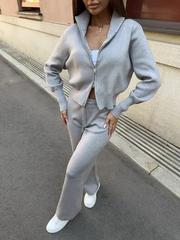 Women Knitted Two Piece Set Long Sleeve Stand Collar Zipper Cardigan Top And Straight Pants Solid Color Streetwear Suit
