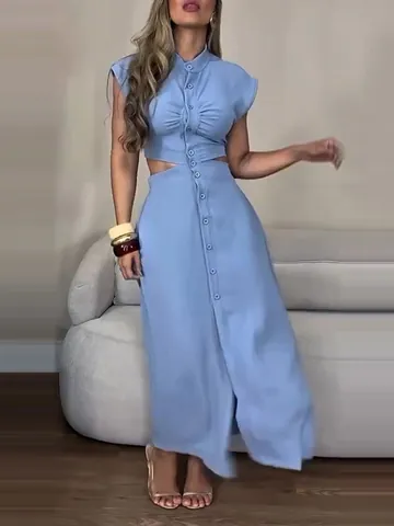 Women Slim Fit Sleeveless Dress Summer Stand Collar Single-breasted Waist Cut-out Maxi A-line Polyester Dress For Vacation