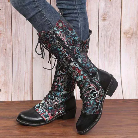 Damen Ethnisch Bestickt Kniehoch Ritterstiefel Blockabsatz Runde Zehe Schnürung Reißverschluss Western Blumen Hohe Stiefel