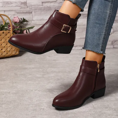 Dames Britse Stijl Spitse Enkellaarsjes PU Leer Zijrits Martin Boots Metalen Gesp Mode Chelsea Boots
