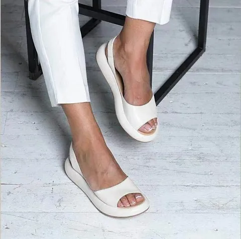 Women Synthetic Leather Peep Toe Platform Slingback Sandals Casual Flat Beach Summer Shoes Buckle Strap Solid Color Walking Footwear