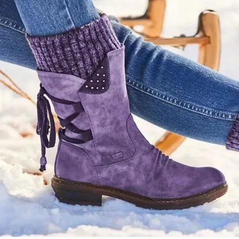 Damen Vintage Wadenhoch Martin Boots Kunstleder Gestricktes Patchwork Manschette Blockabsatz Seitenreißverschluss Warme Winter Outdoor Stiefel