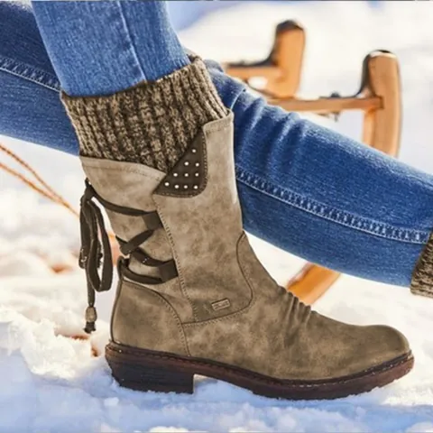 Damen Vintage Wadenhoch Martin Boots Kunstleder Gestricktes Patchwork Manschette Blockabsatz Seitenreißverschluss Warme Winter Outdoor Stiefel