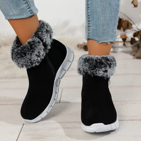Dames Winter Sneeuwlaarzen Met Imitatiebont Kraag Zijrits Enkellaarzen Warme Pluche Voering Middelgrote Hak Antislip Plateau Katoenen Schoenen