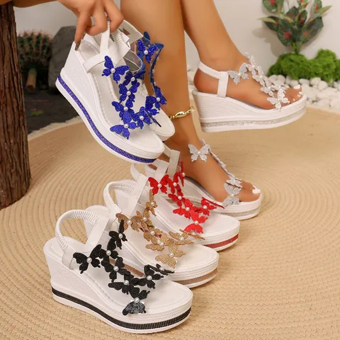 Sandali con Zeppa da Donna Decorazione Farfalla e Perle Pelle Sintetica Strass Moda Scarpe da Spiaggia