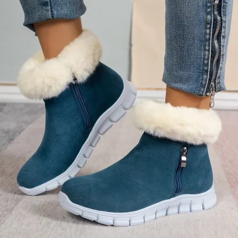 Dames Winter Sneeuwlaarzen Met Imitatiebont Kraag Zijrits Enkellaarzen Warme Pluche Voering Middelgrote Hak Antislip Plateau Katoenen Schoenen