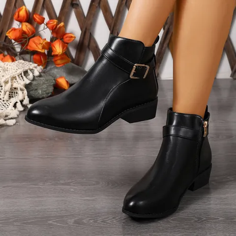 Dames Britse Stijl Spitse Enkellaarsjes PU Leer Zijrits Martin Boots Metalen Gesp Mode Chelsea Boots