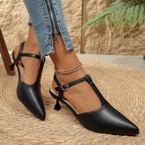Women Pointed Toe Kitten Heel Slingback Sandals Elegant T-Strap Buckle Summer Pumps Office Party Sexy Fashion Heels