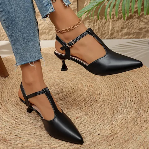 Women Pointed Toe Kitten Heel Slingback Sandals Elegant T-Strap Buckle Summer Pumps Office Party Sexy Fashion Heels