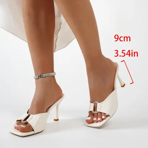 Women Square Toe High Heel Sandals Crocodile Embossed Stiletto Mules Rhinestone Buckle Party Banquet Dress Shoes
