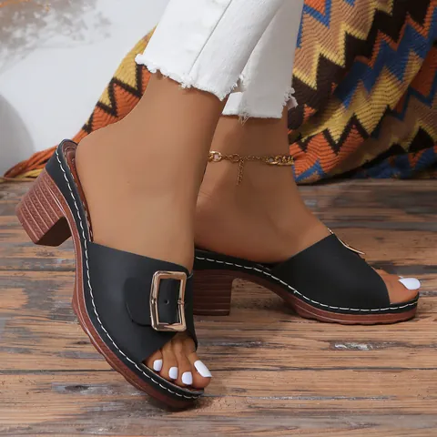 Women's Chunky Heel Mules Square Metal Buckle Fashion Sandals Solid Color Slides Open Toe Shoes Large Size Summer Footwear