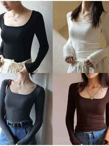 Maglietta da Donna a Maniche Lunghe a Costine Scollo Quadrato Vestibilità Aderente Top Base Autunno Casual Poliestere