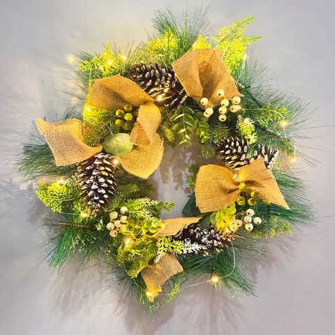 Christmas Glowing Pine Needle Pinecone Wreath LED Lighted Branch Wreath Hanging For Window Wall Xmas Party Home Decoration