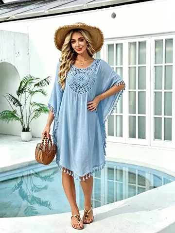 Women's Crochet Patchwork Tassel Beach Cover-up Summer Resort Style Polyester Hollow Out Swimwear Dress For Pool Party Vacation