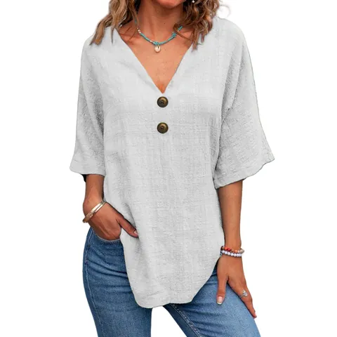 Damen Casual Baumwolle Leinen V-Ausschnitt Kurzarm Bluse Lockeres Knopf Top Pullover Gewebtes Hemd Für Alltag Sommer Komfort