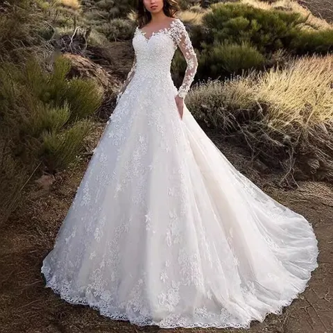 Women Luxurious Heavy Lace Wedding Dress Sequined V-Neck Long Sleeve Elegant Big Swing Evening Gown Floor Length Bridal Formal Dress