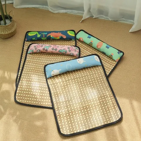 Summer Pet Cooling Mat With Pillow Rattan Weave Breathable Bed For Dogs Cats Comfortable Cooling Pad Cartoon Print Pet Supplies