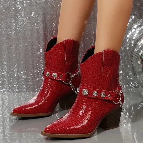 Bottes Martin à Bout Pointu et Talon Bloc pour Femmes Effet Crocodile Bottines en Cuir PU Chaîne en Métal Boucle de Ceinture Bottes Mode