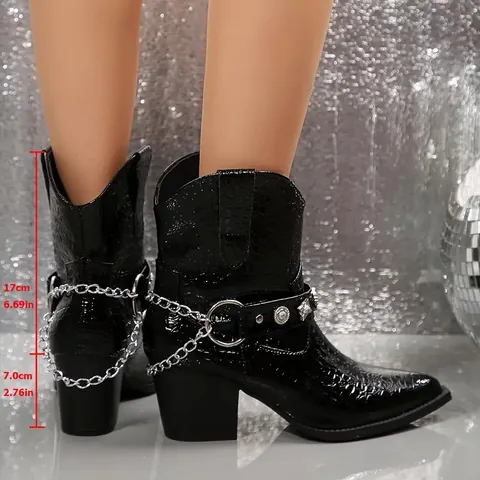 Bottes Martin à Bout Pointu et Talon Bloc pour Femmes Effet Crocodile Bottines en Cuir PU Chaîne en Métal Boucle de Ceinture Bottes Mode