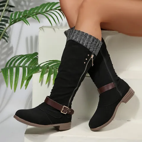 Women High-Top Martin Boots Retro Faux Leather Knit Splicing Warm Winter Boots Square Heel Side Zipper Decorative Buckle Shoes