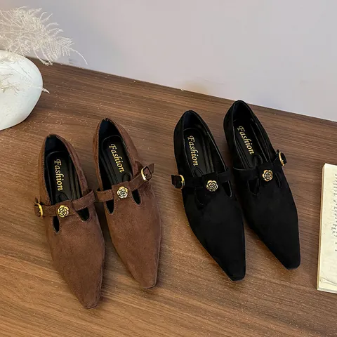 Scarpe Mary Jane a Punta Vintage Francese da Donna Ballerine in Finta Pelle Scamosciata Con Fibbia a Rosa in Metallo Scarpe retrò Eleganti
