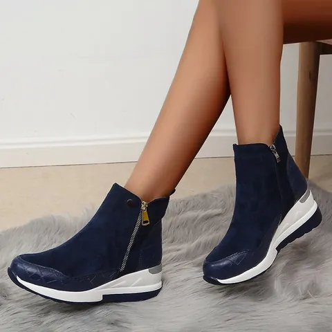 Damen Casual PU Leder Stiefeletten Runde Zehe Seitlicher Reißverschluss Plateau Dicke Sohle Herbst Winter Mode Outdoor Wanderschuhe