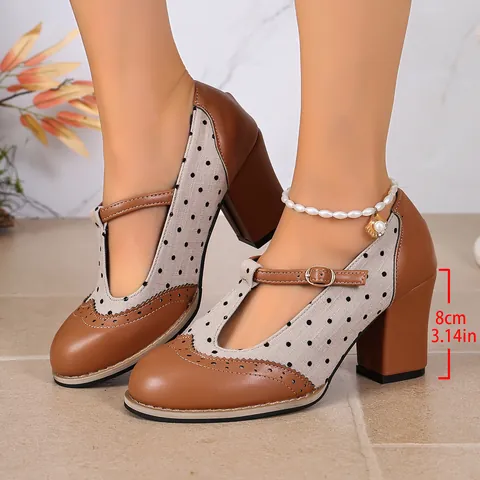 Zapatos Mary Jane de Bloque de Color de Lunares Retro Mujer Tacón Ancho Alto Correa en T Hebilla Estilo Británico Zapatos de Tacón