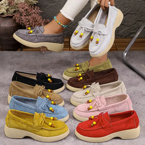 Damen Wildleder Plateau Loafer Casual Leichte Mokassins Mit Quastenperlen Verzierung Weiche Slipper Rund Zehen Flats