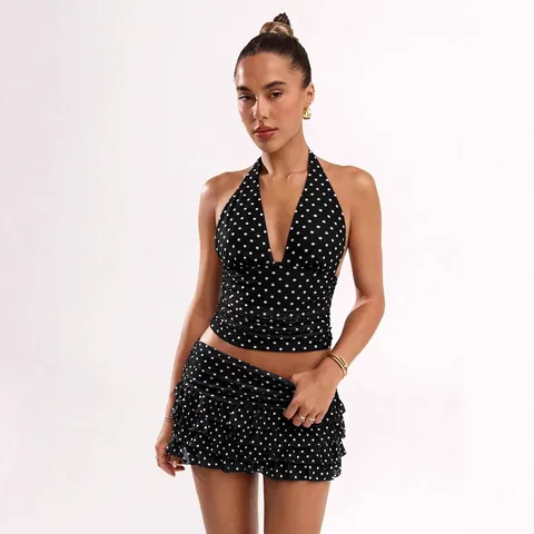 Sexy Polka Dot Print Halter Top And Ruffle Mini Skirt Set Women Summer Backless Top And Bottom Two Piece Outfits Vacation Wear
