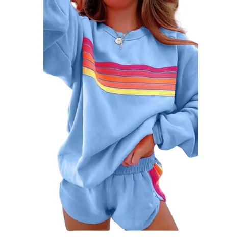 Damen Casual Regenbogenstreifen Sweatshirt Und Shorts Zweiteiler Lose Rundhals Langarm Top Und Bottom Set