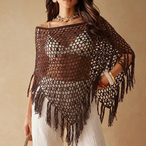 Bohemian Handgehäkelt Pailletten Quasten Poncho Damen Resort Stil Acryl Polyester Fransen Schultertuch Dreieckstuch Top